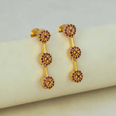 Stylish Gold-Plated Triple Floral Ruby Drop Earrings