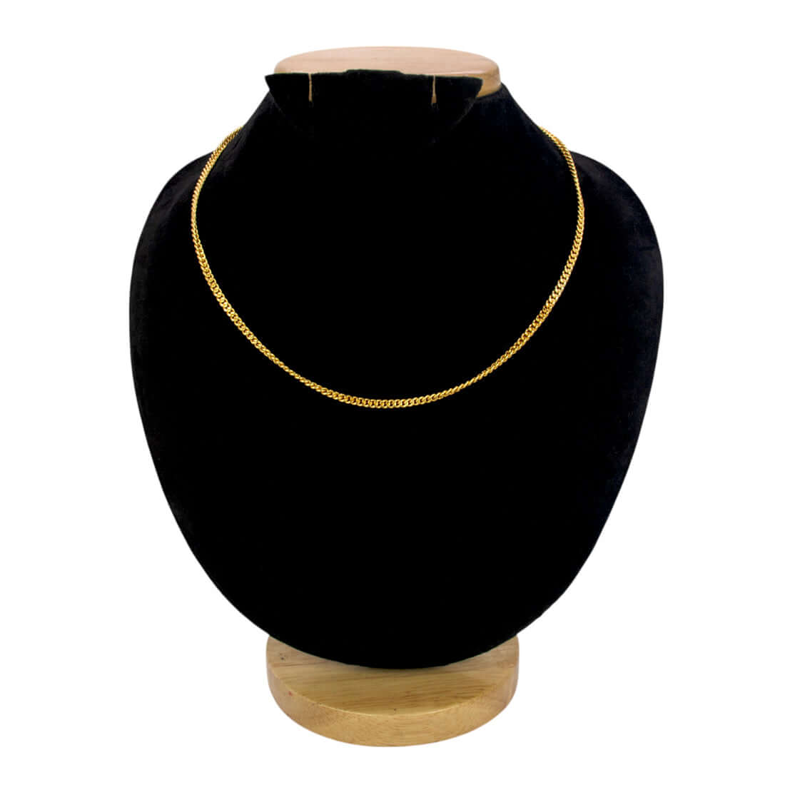 Stylish Gold Plated Unisex Thin Curb Link Chain displayed on a jewelry bust, showcasing its elegant design.