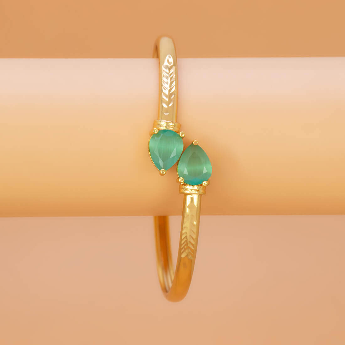 Gold Plated Dual Teardrop Stone Cuff Bangle - Pastel Green