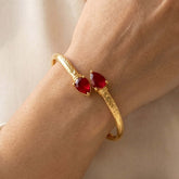 Gold Plated Dual Teardrop Stone Cuff Bangle - Red