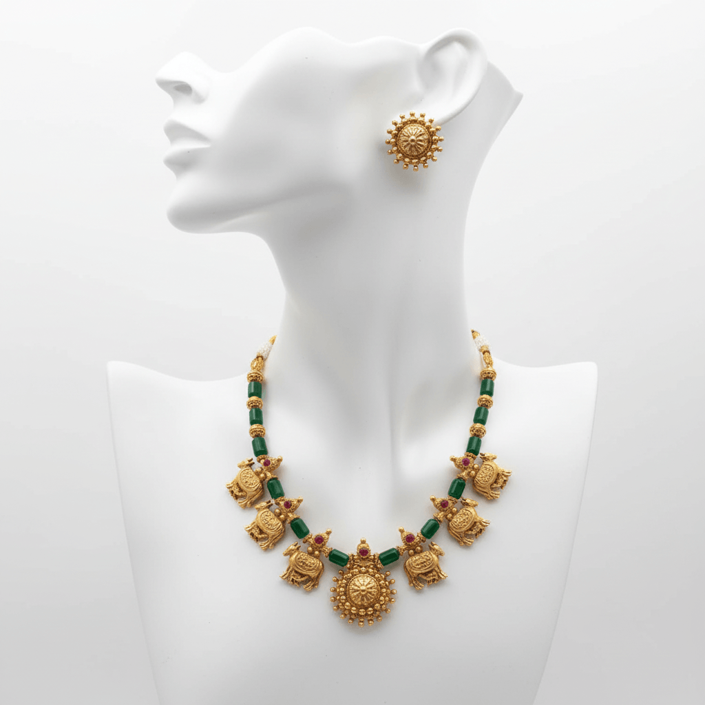 Antique Gold Plated Kamadhenu Necklace Set showcasing intricate designs and elegant craftsmanship.