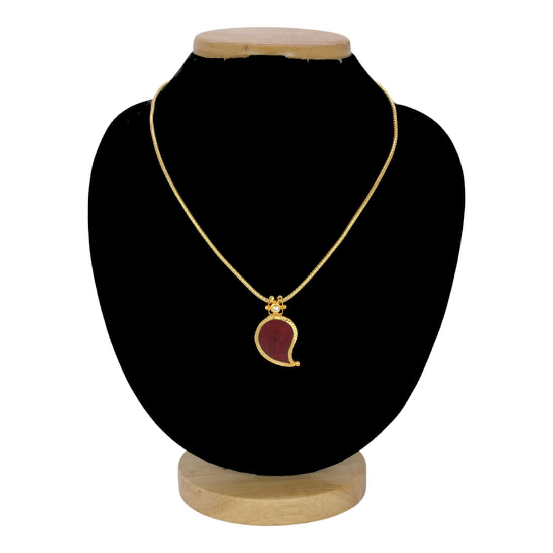 Traditional Gold-Plated Mango Pendant Chain featuring a dark red pendant on a gold chain, perfect for ethnic wear.