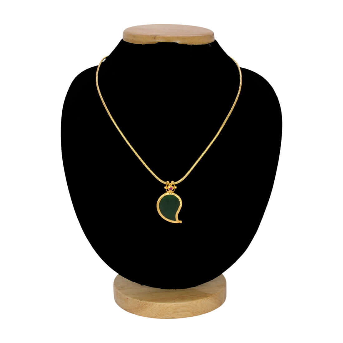 Traditional Gold-Plated Mango Pendant Chain showcasing a green stone pendant on a gold necklace.