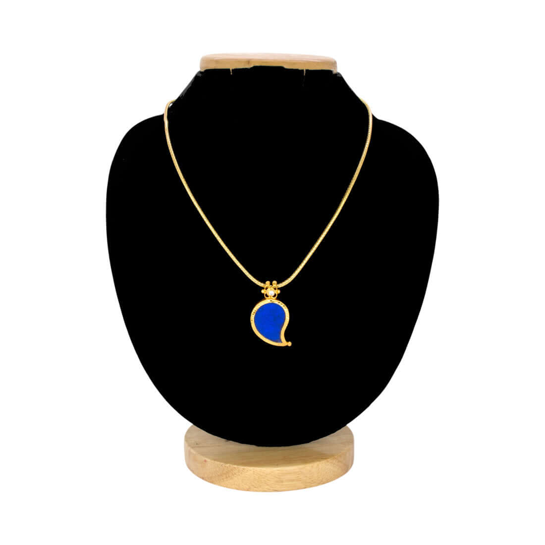 Traditional Gold-Plated Mango Pendant Chain in blue color displayed on a jewelry stand.