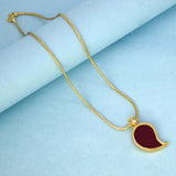 Traditional Gold-Plated Mango Pendant Chain with dark red CZ stone on a gold chain against a blue background.