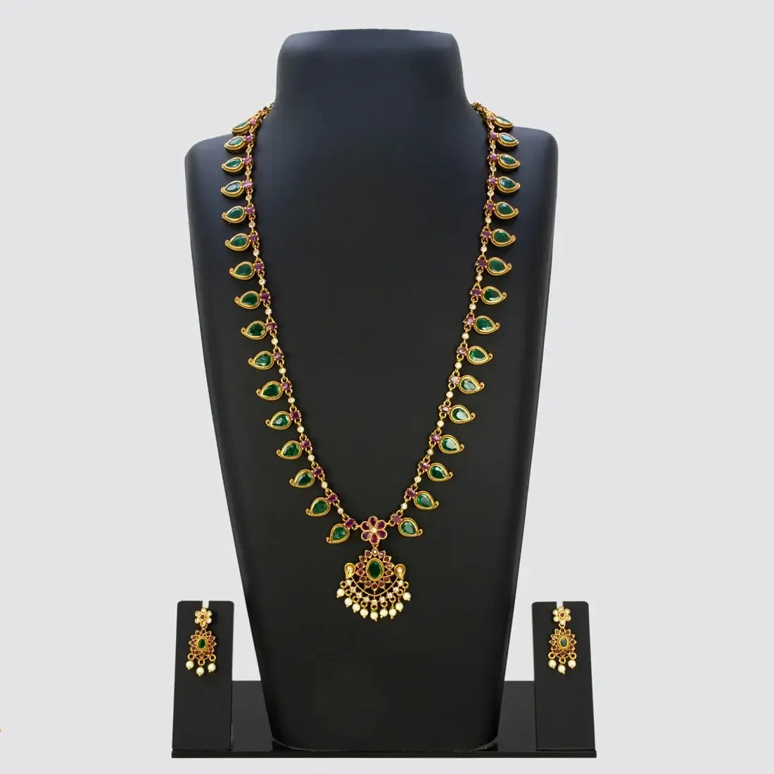 Antique Green Stone Mango Long Necklace Set featuring green mango-shaped stones and gold-toned detailing.