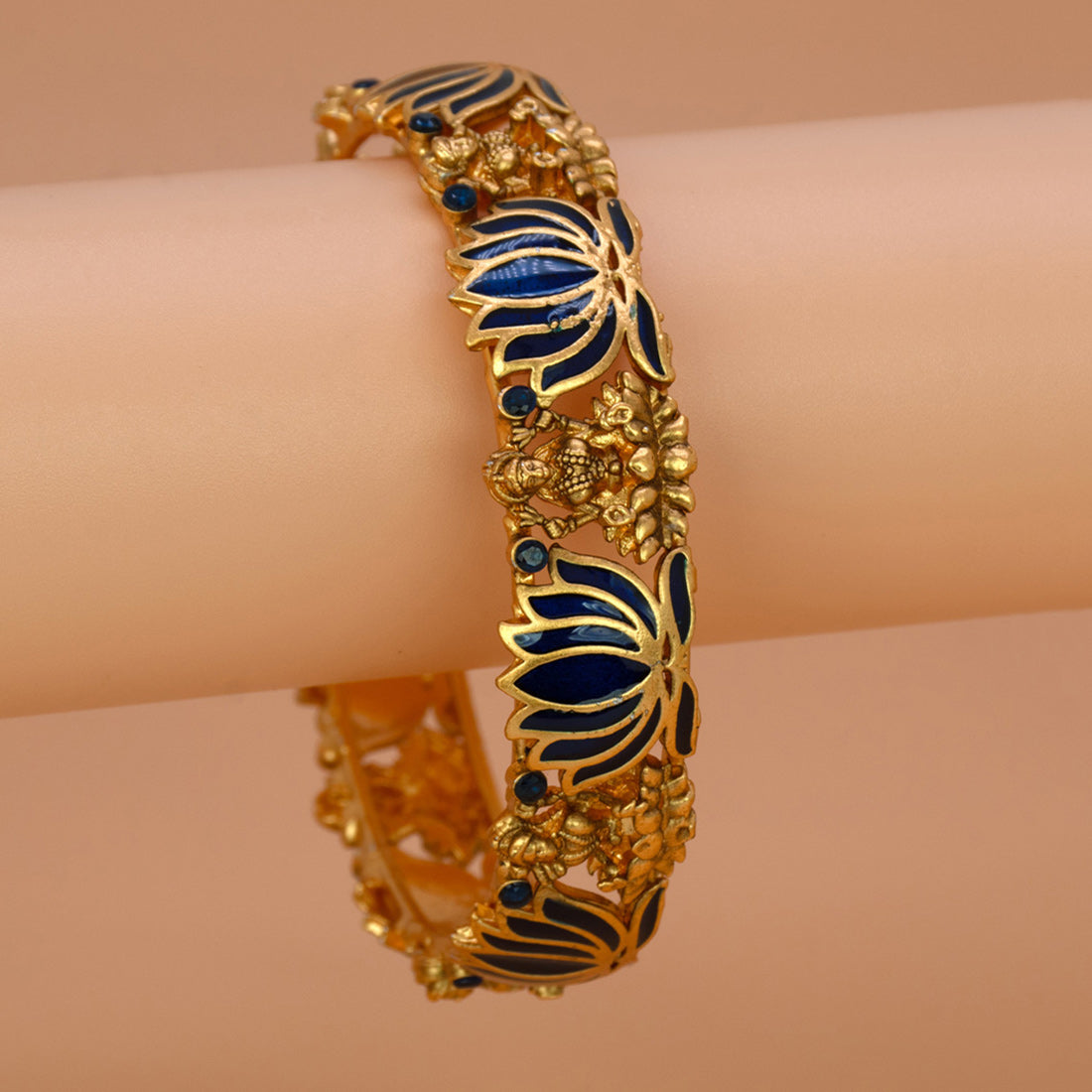 Antique Matte Finish Lakshmi Lotus Bangle featuring gold detailing and blue enamel lotus designs.