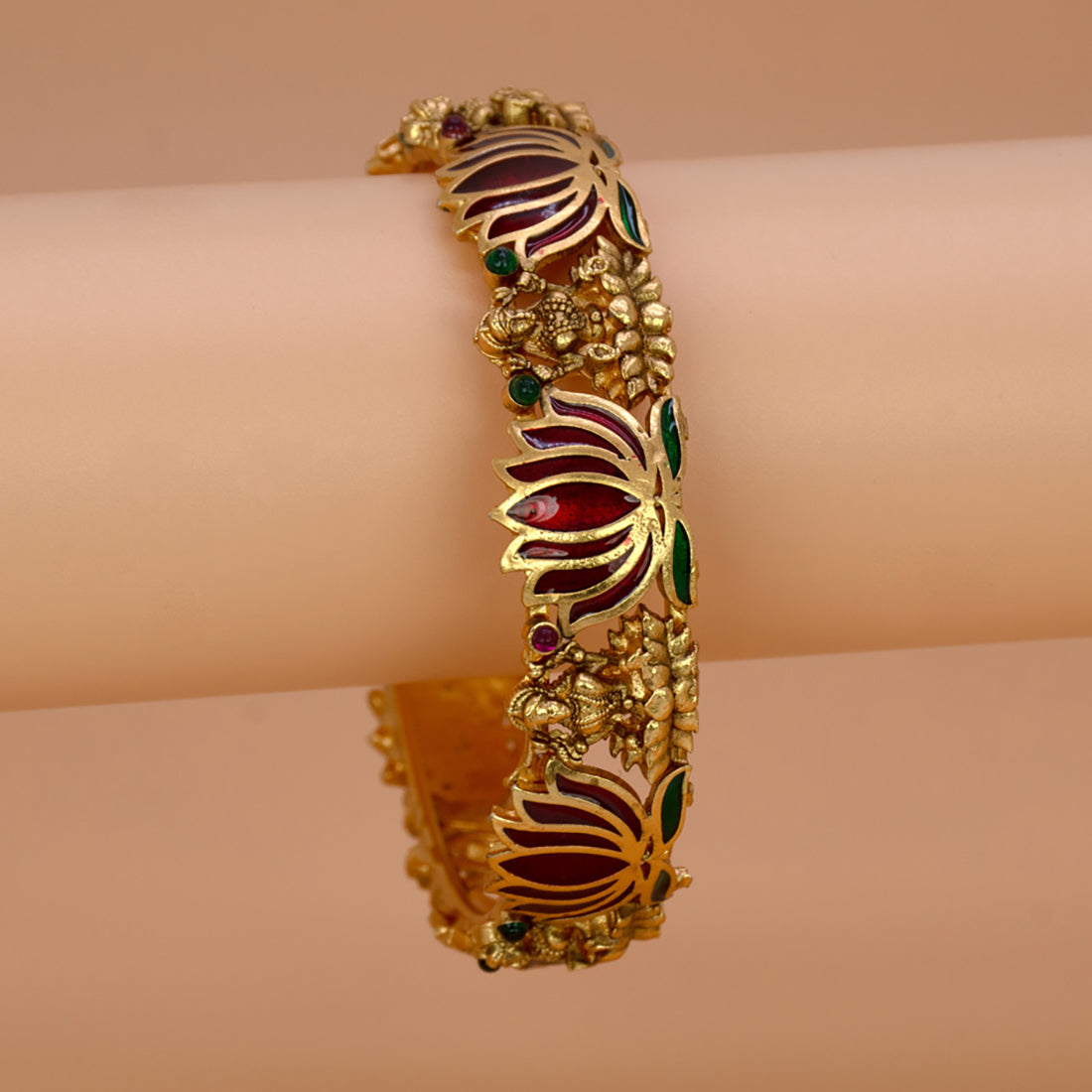 Antique Matte Finish Lakshmi Lotus Bangle beautifully designed with lotus motifs and vibrant colors.
