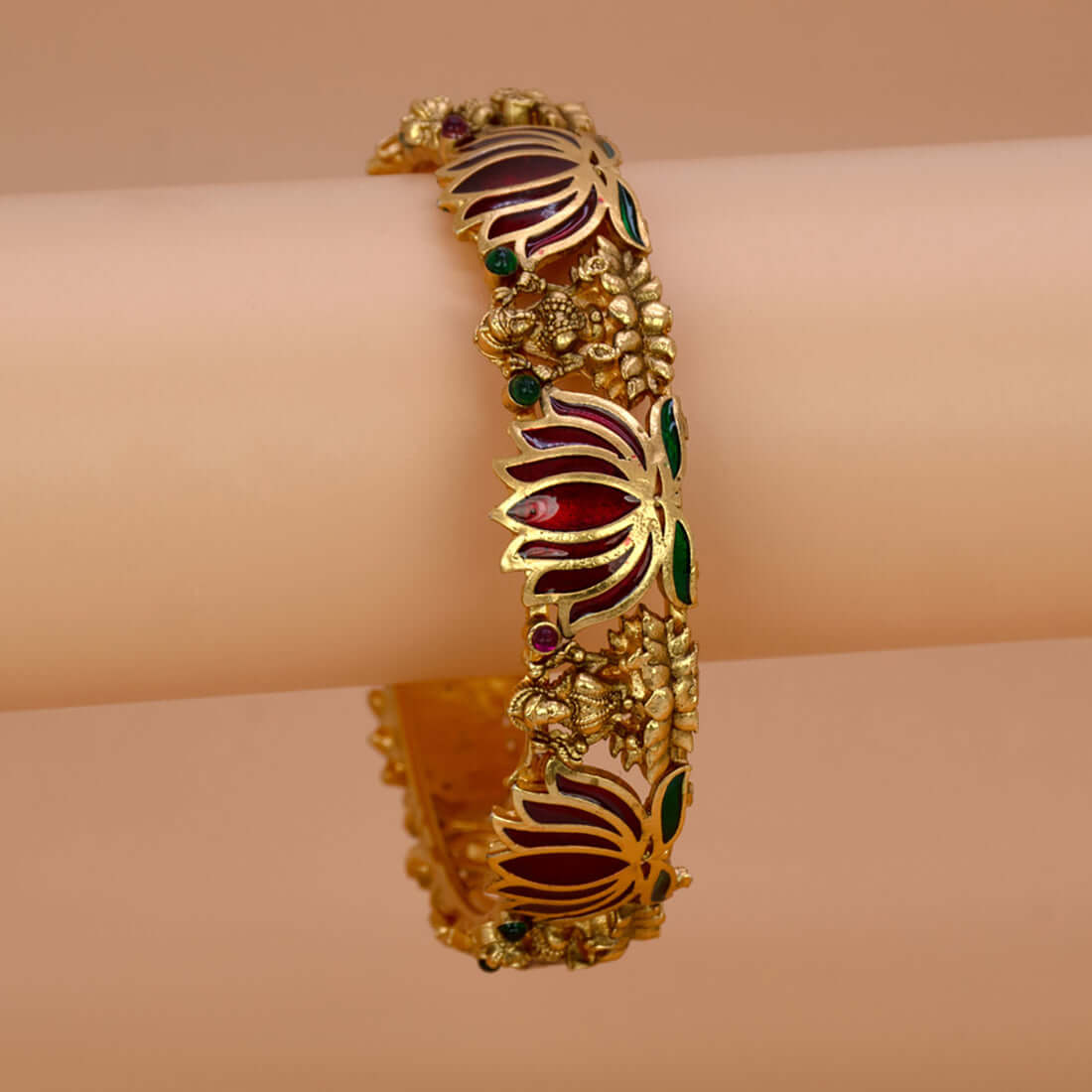 Antique Matte Finish Lakshmi Lotus Bangle beautifully designed with lotus motifs and vibrant colors.