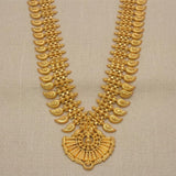 Traditional South Indian Bridal Mango Long Chain Haram, gold-plated necklace for brides, elegant festive jewelry.