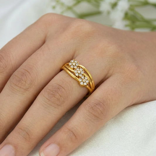 Triple Floral CZ Stone Gold-Plated Finger Ring