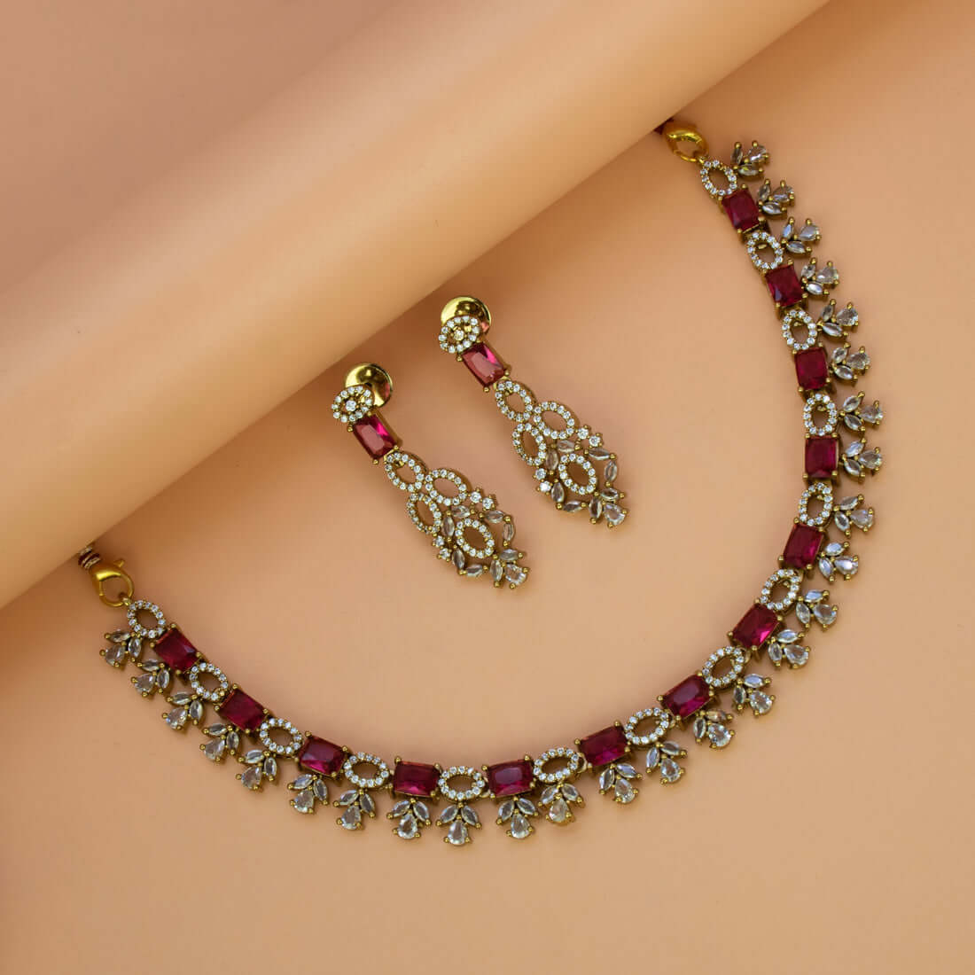 Victorian Antique Gold Finish Ruby-CZ Necklace Set