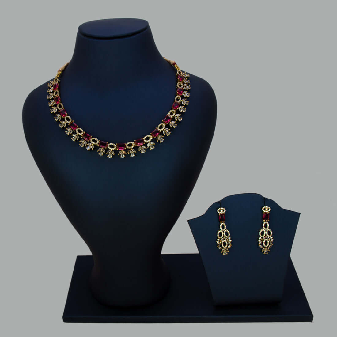 Victorian Antique Gold Finish Ruby-CZ Necklace Set