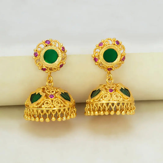 Stunning Gold Plated Ruby Palakka Jhumka Earrings