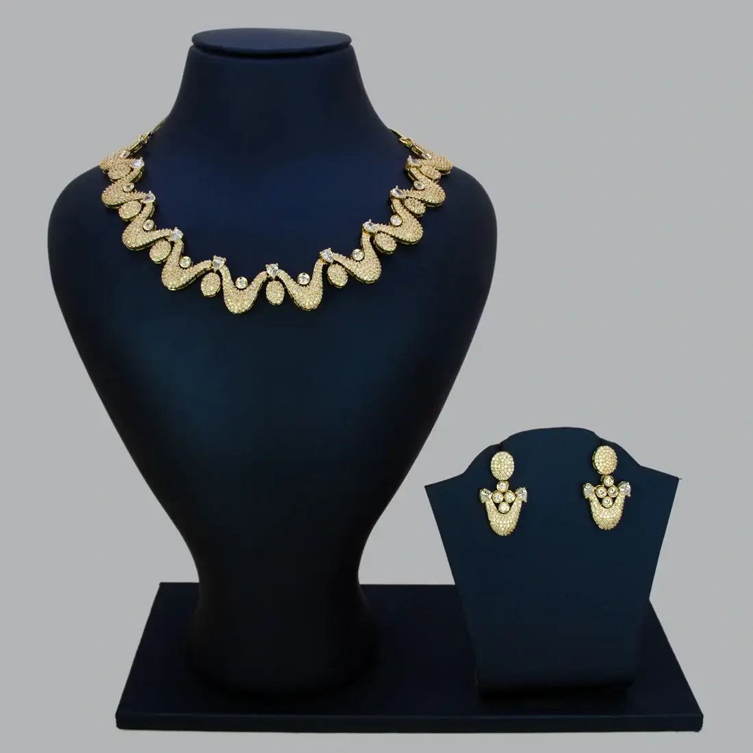Unique Wavy Design CZ Stone Necklace Set