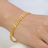 Unique Gold Plated Zigzag Bangles worn on a wrist showcasing its contemporary zigzag design and micro-bead texture.