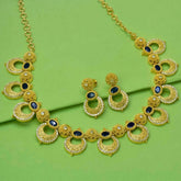 AD Blue Sapphire Floral Chandbali Necklace Set featuring intricate motifs and matching earrings.