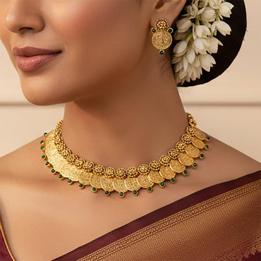 Antique Floral Design Lakshmi Coin Necklace Set - K Supreme