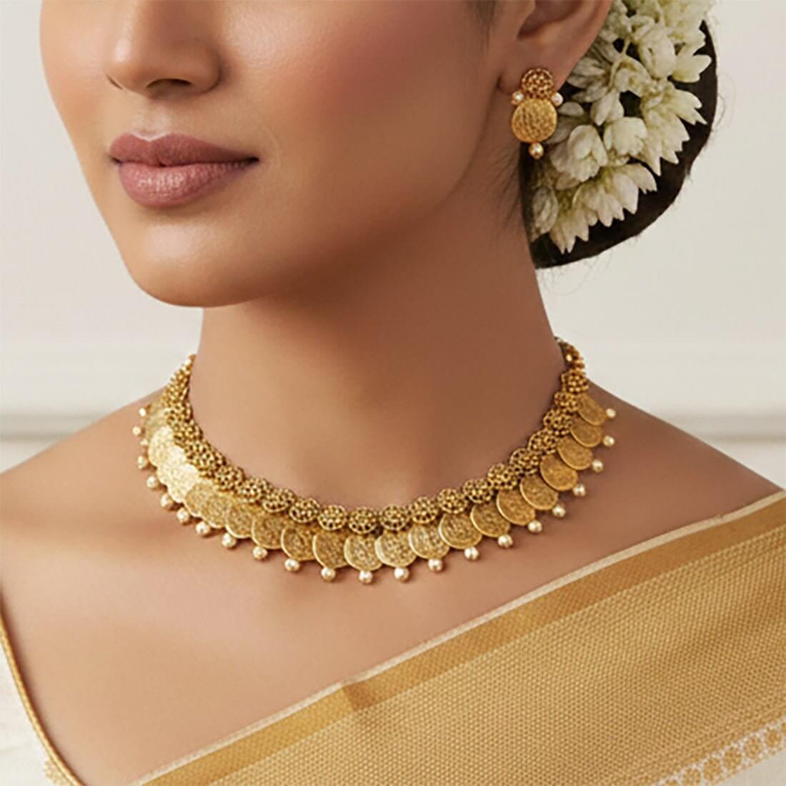 Antique Floral Design Lakshmi Coin Necklace Set - K Supreme