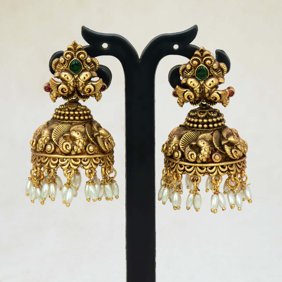 Antique Gold Plated Festive Pearl Drop Jhumkas - K Supreme
