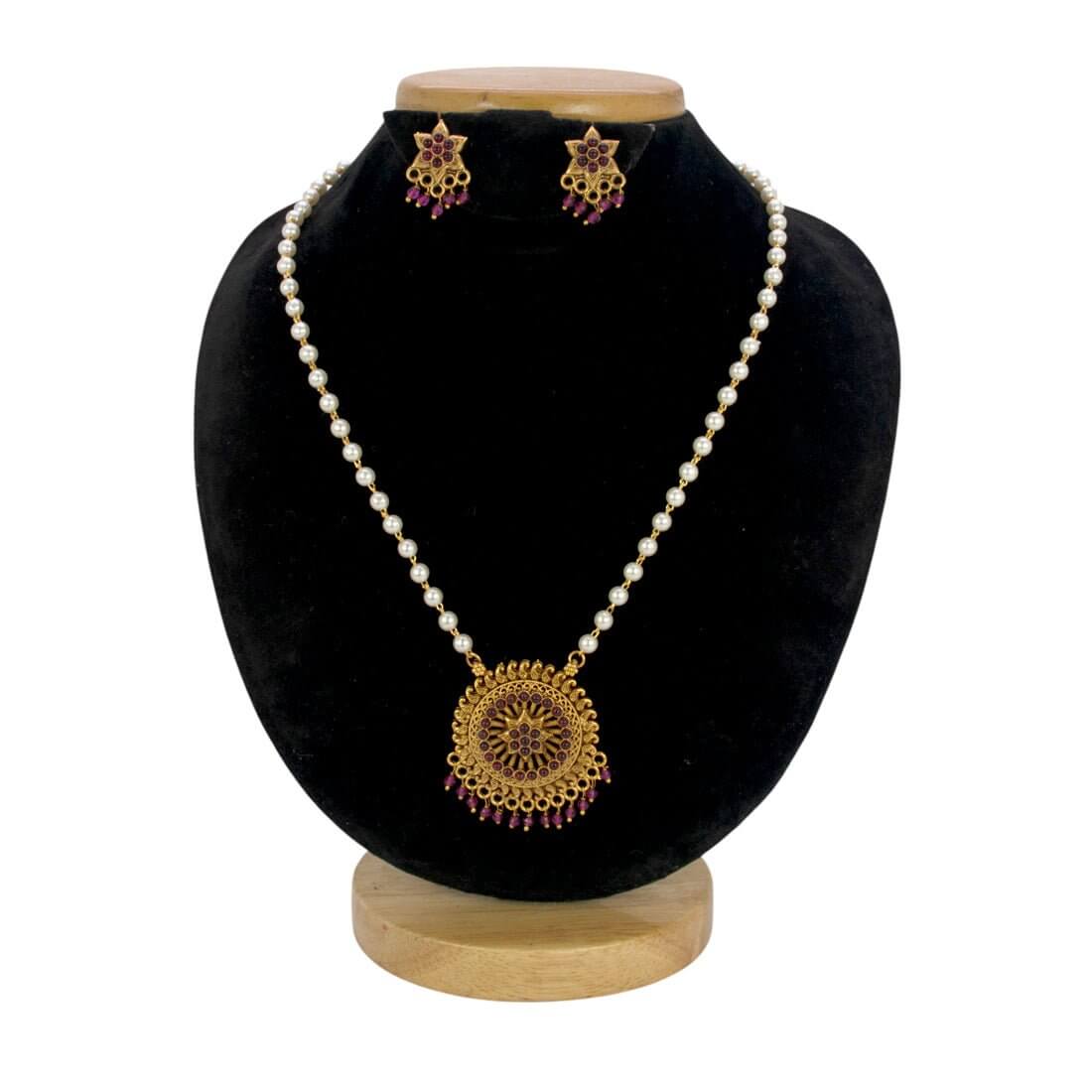 Antique Gold Plated Kemp Pendant Pearl Necklace Set - K Supreme