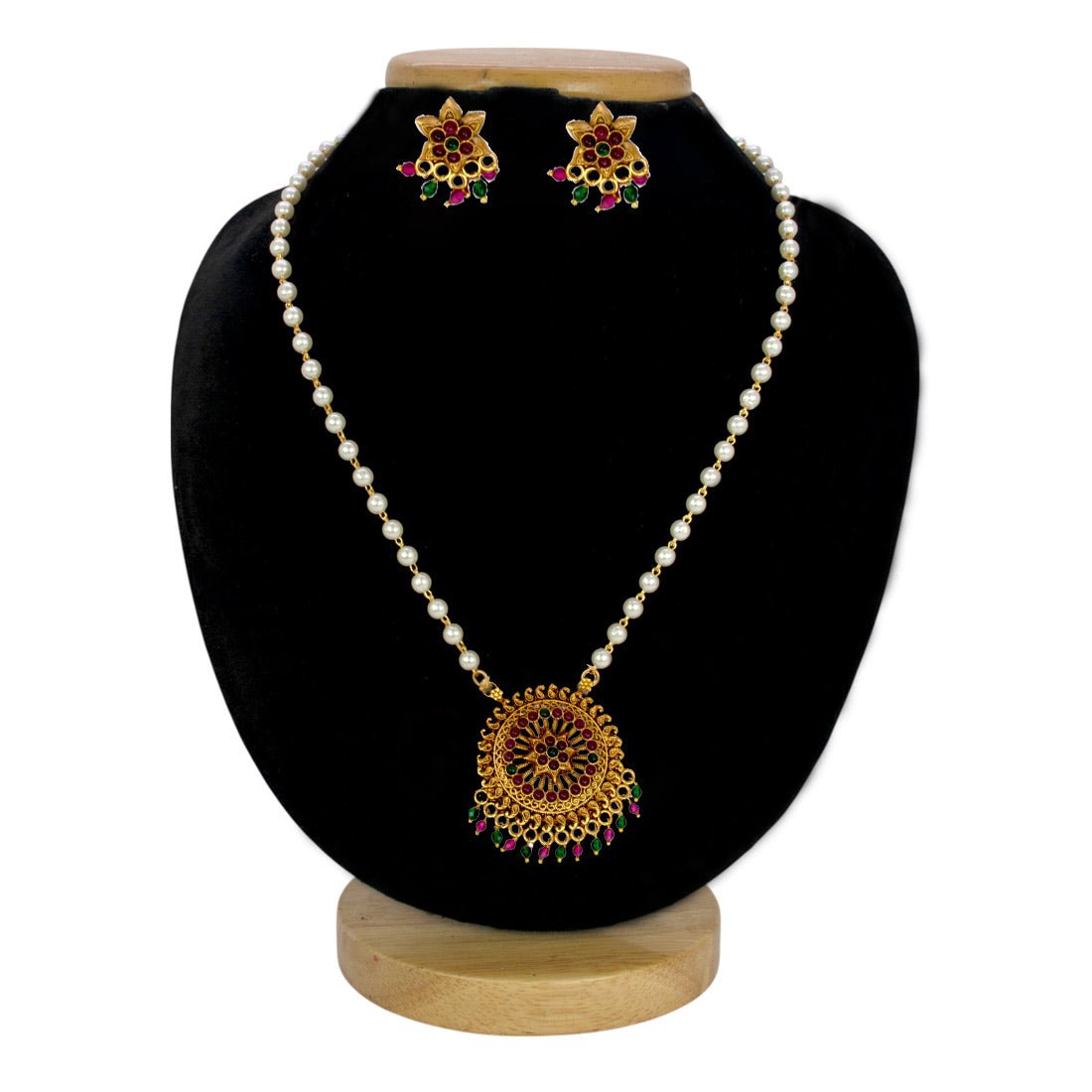 Antique Gold Plated Kemp Pendant Pearl Necklace Set - K Supreme