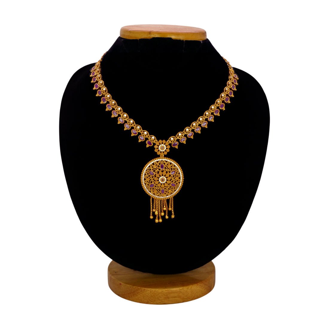 Antique Gold - Plated Ruby Circular Pendant Necklace - K Supreme