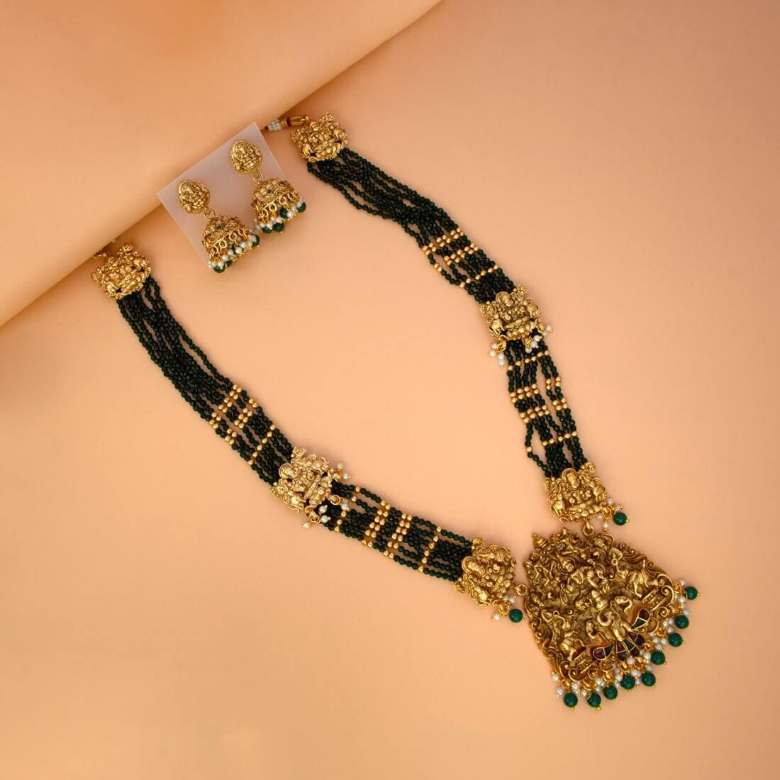 Antique Lakshmi Dark Green Beaded Long Haram Set - K Supreme