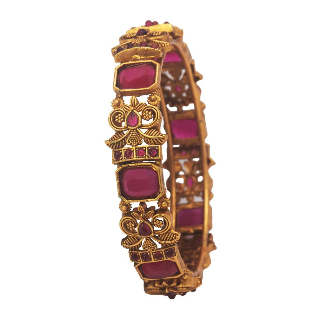 Antique Leaf Design Gold Plated Ruby Bangle Kada for women showcasing intricate details and a vibrant ruby finish.