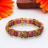 Antique Leaf Design Gold Plated Ruby Bangle Kada for women with floral motifs and square ruby stones