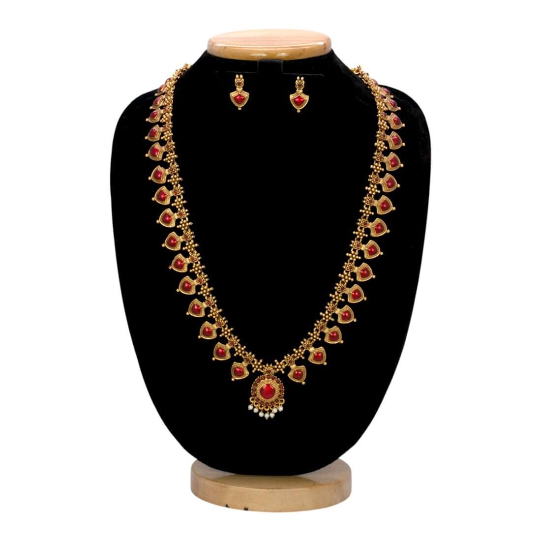 Antique Matte Imitation Palakka Long Chain Set - KSupreme