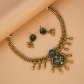 Antique Pastel Deep Sea Green Stone Lakshmi Necklace Set - K Supreme