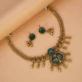 Antique Pastel Deep Sea Green Stone Lakshmi Necklace Set - K Supreme