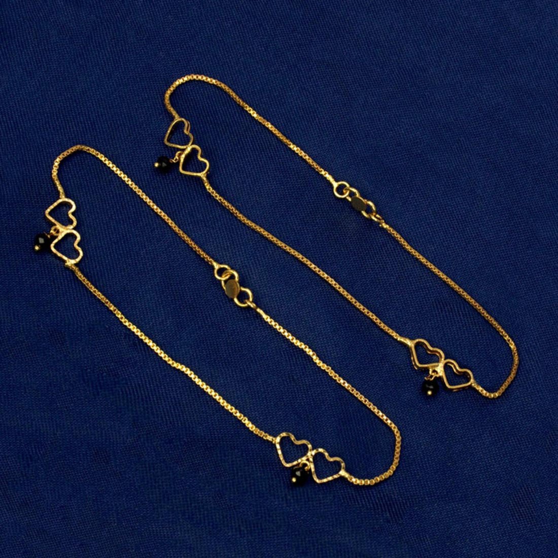 Black Crystal Hanging Gold Plated Double Hearts Anklets Payal - KSupreme