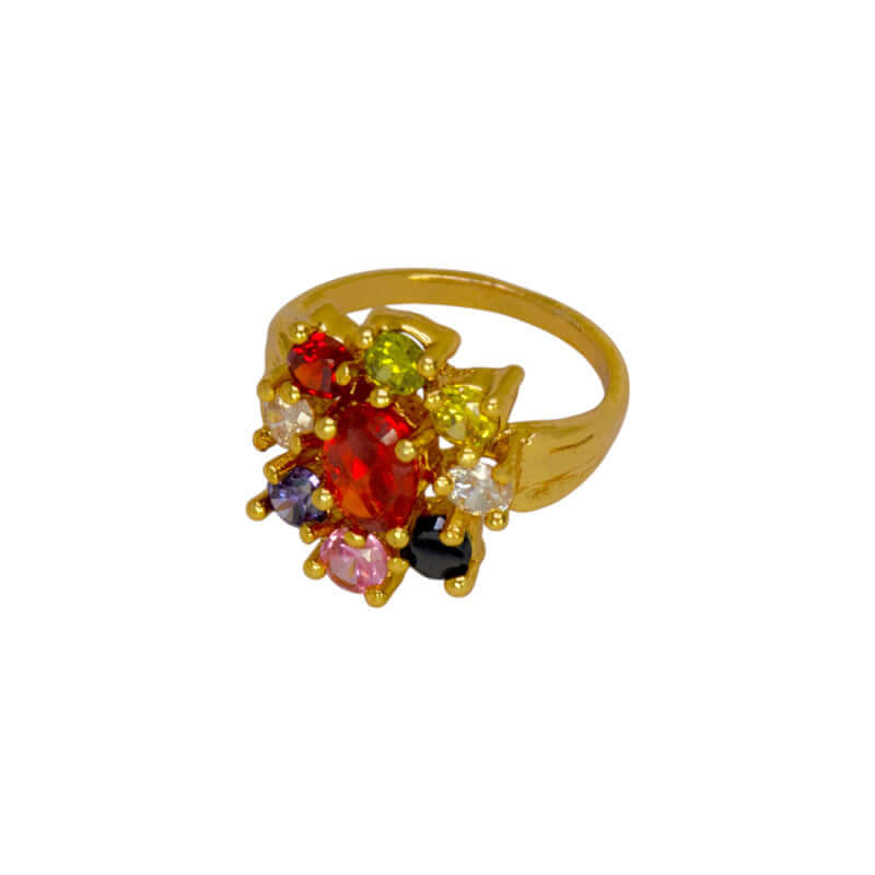 Classic Gold Plated Floral Navratna Model Ladies Finger Ring - K Supreme