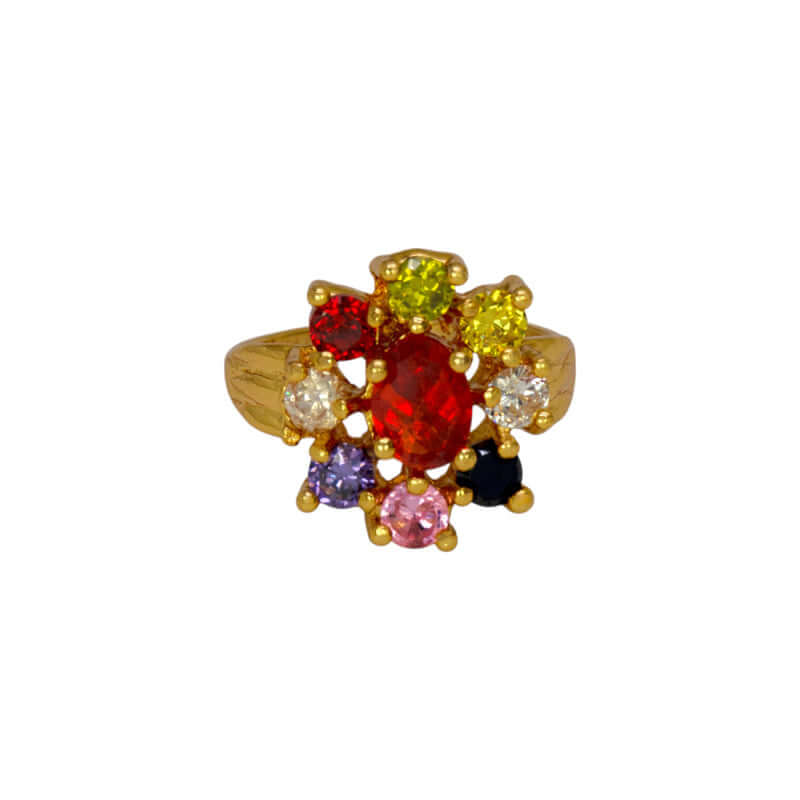 Classic Gold Plated Floral Navratna Model Ladies Finger Ring - K Supreme