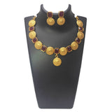 Classy Antique Matte Bright Red Floral Sufi Necklace Set featuring gold-plated design and big red square stones.