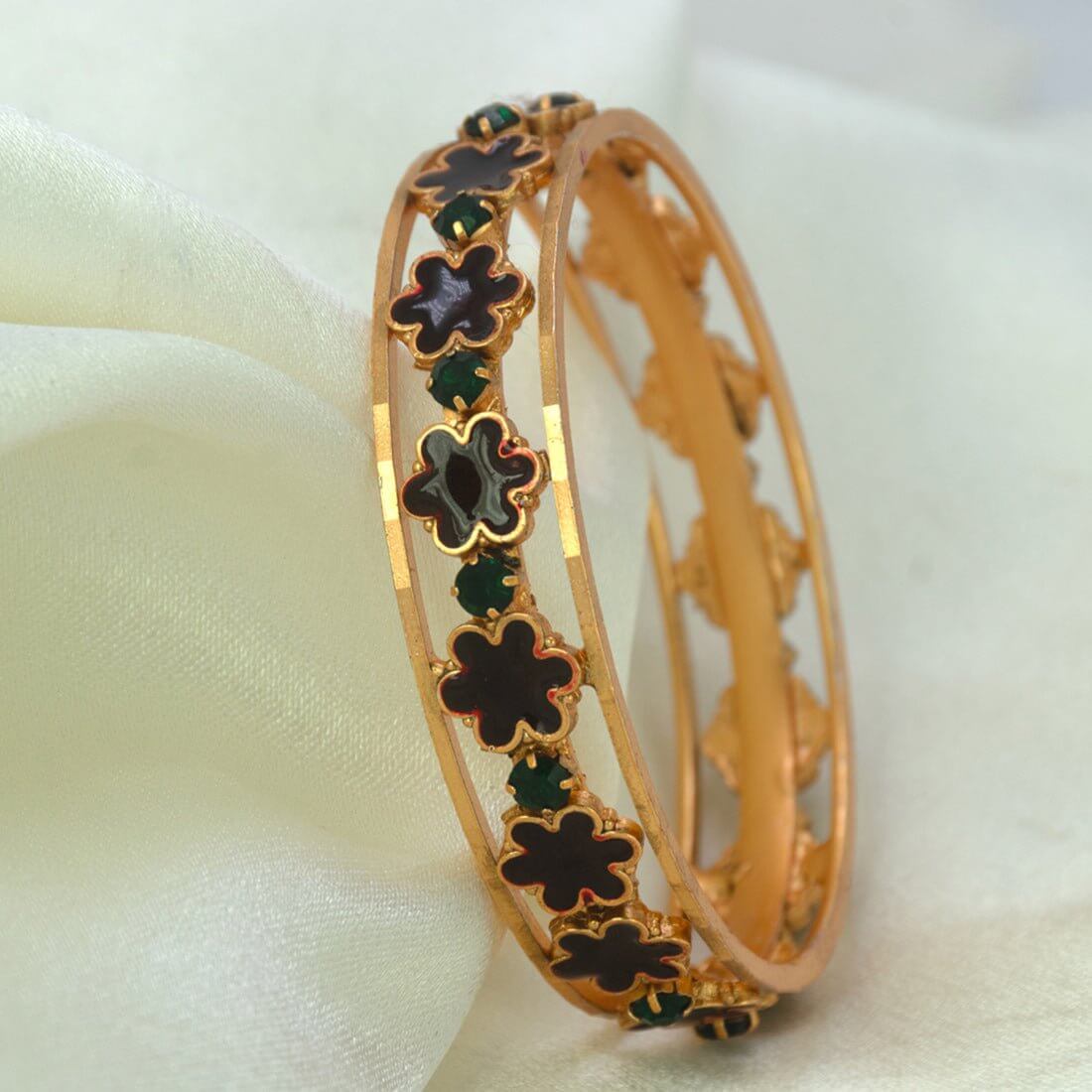 Contemporary Gold Plated Floral Enamel Bridal Stone Bangle - KSupreme