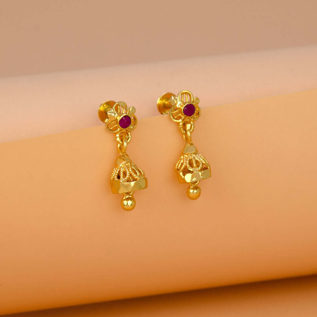 Cute Very Small Gold Plated Ruby Jhumka Earrings - K Supreme