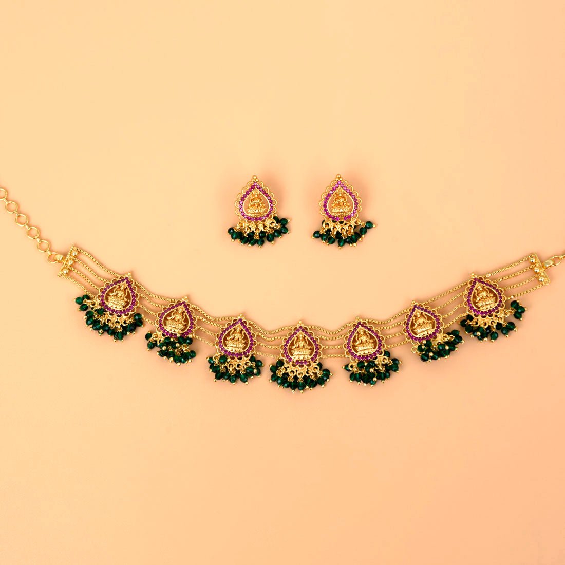 Divine Gold Plated Ruby Lakshmi Crystal Choker Necklace Set - K Supreme