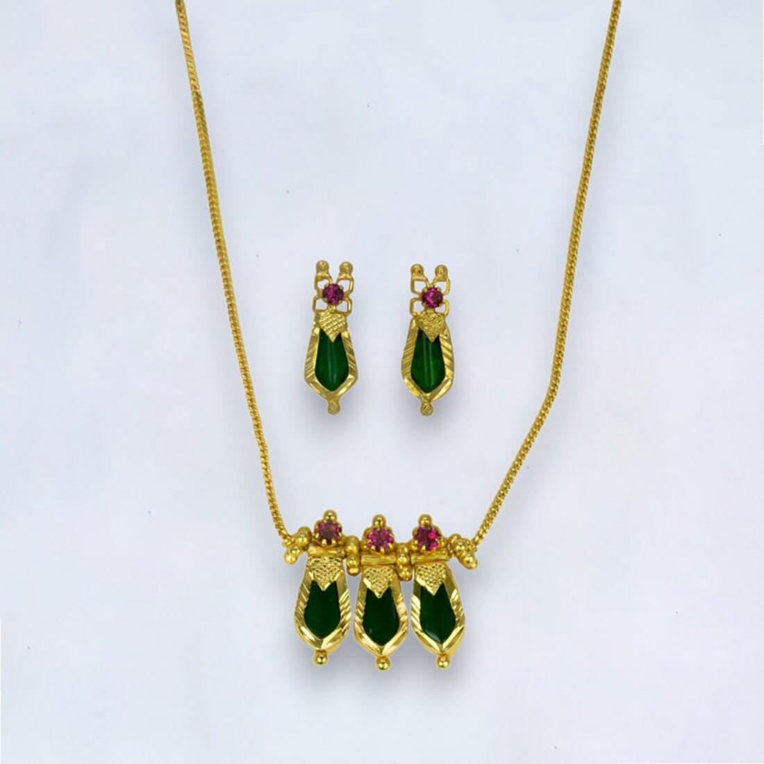 Elegant Gold Plated Green Nagapadam Pendant Necklace with matching earrings, perfect for festive occasions.