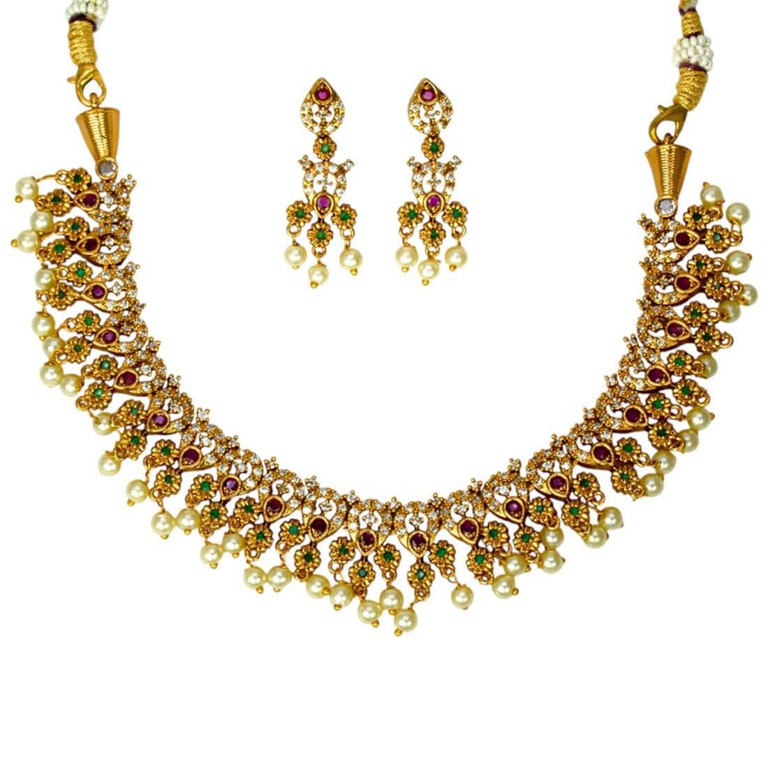 Elegant Multi Colour Stone Pearl Hanging Necklace Set - KSupreme