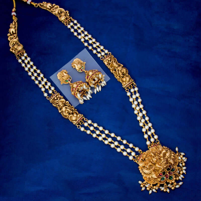 Ethnic Antique Lakshmi-Peacock Pearls Long Necklace Set- Multi-Colour