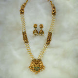 Ethnic Antique Lakshmi-Peacock Pearls Long Necklace Set- Green