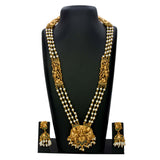 Ethnic Antique Lakshmi-Peacock Pearls Long Necklace Set- Green