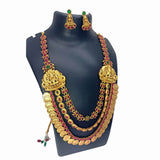 Ethnic Tri - Layered Kemp Stones Lakshmi Kasu Long Necklace Set - K Supreme