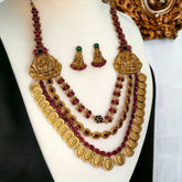 Ethnic Tri - Layered Kemp Stones Lakshmi Kasu Long Necklace Set - K Supreme