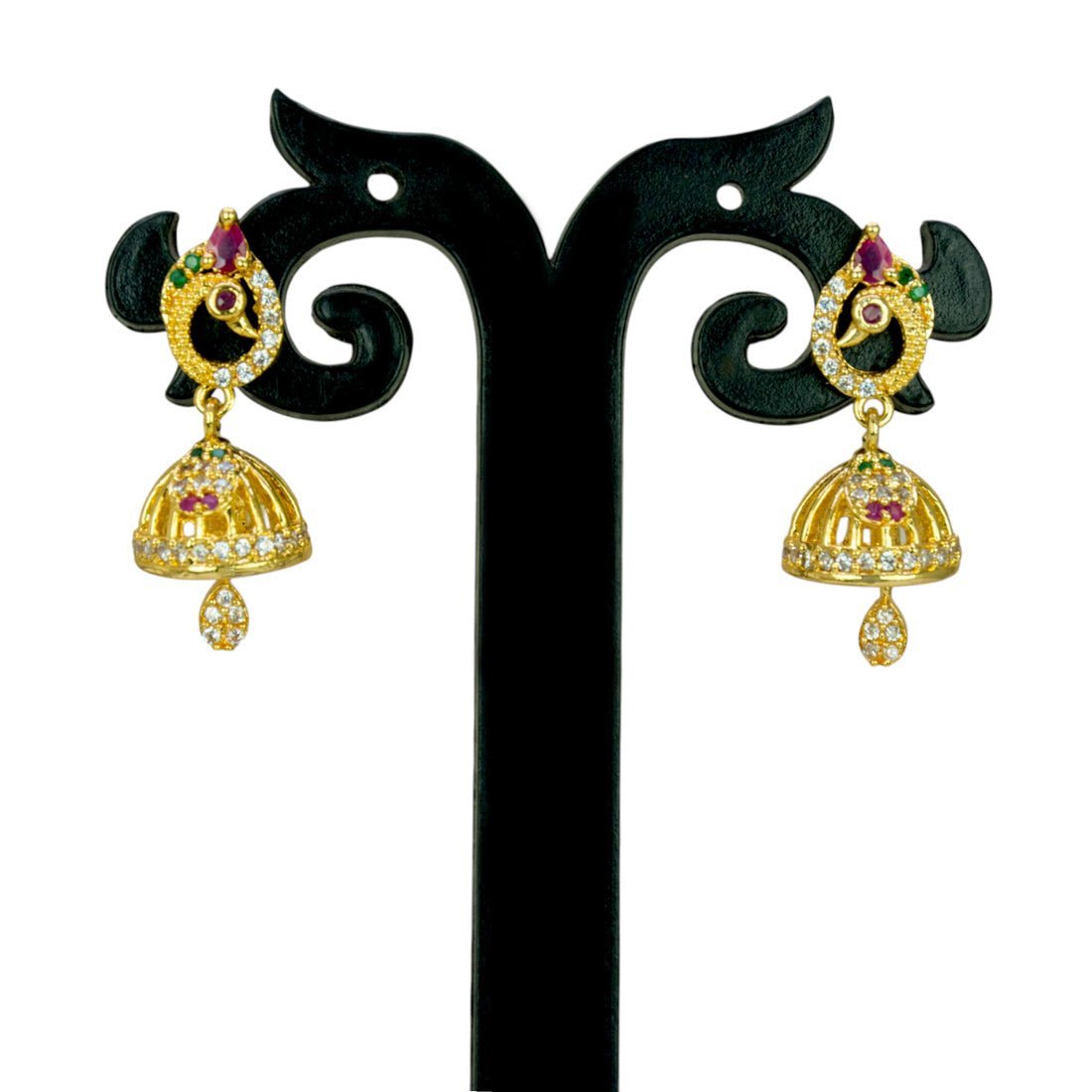 Expand Small Beautiful CZ Ruby Emerald Peacock Jhumka - KSupreme