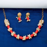 Exquisite Gold Plated Coral Beads And Pearls Choker Set - K Supreme