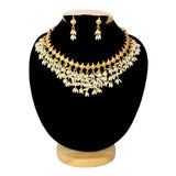Exquisite Gold Plated Pearl Hanging Choker Necklace Set displayed on a jewelry bust with matching earrings.